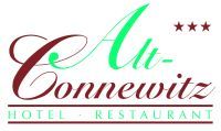 Logo von Alt-Connewitz Hotel-Restaurant mit drei Sternen und grün-roter Schrift.
