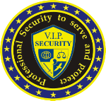 Abzeichen mit gelbem Schild "V.I.P. Security", umgeben von blauen und gelben Kreisen und Sternen.