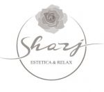 Logo grigio con rosa, testo "Shary Estetica & Relax" in cerchio. Stile elegante e semplice.