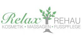 "Logo von Relax Rehau mit Baum. Text: Kosmetik, Massagen, Fußpflege in Grün und Grau."