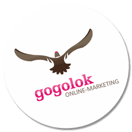 Logo mit braunem Adler und Text "gogolok ONLINE-MARKETING" in Rosa und Grau auf weißem Hintergrund.