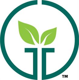 Green leaves inside a stylized circular logo with a white background.