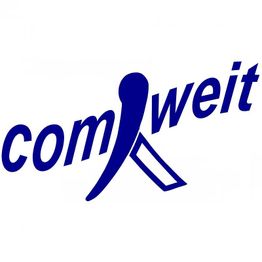 Blaues Logo mit dem Schriftzug "comweit" in kursive Buchstaben und stilisiertem Band im "m".