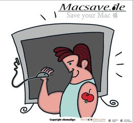 Cartoon: Ein Mann mit Muskelarm hebt eine Computermaus. Im Hintergrund ein Monitor.