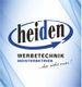 Logo von "heiden Werbetechnik", Meisterbetrieb, mit Slogan "...das sieht man!" auf blauem Hintergrund.