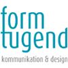 Logo: Blauer Text "form tugend", darunter "kommunikation & design" auf weißem Hintergrund.