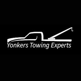 Silhouette of a tow truck with text "Yonkers Towing Experts" on a black background.