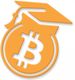 Oranje bitcoin-symbool met een academische hoed er bovenop.