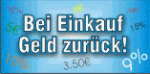 Blaues Banner mit Text: "Bei Einkauf Geld zurück!" und Zahlen wie 5€, 10€, 15% im Hintergrund.