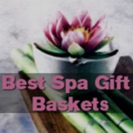 Pink lotus and bamboo with text: "Best Spa Gift Baskets" over a serene background.