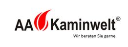 Logo AA Kaminwelt, mit roter Flamme und Text: "Wir beraten Sie gerne".
