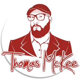 Stylized illustration of a bearded man in glasses, hat, and suit with "Thomas McKee" text.