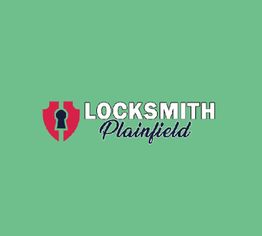 "Locksmith Plainfield logo with shield and keyhole on a green background."
