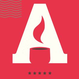 Imagem minimalista com letra A estilizada, chama e cinco estrelas em fundo vermelho.