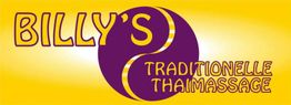 Billy's Traditionelle Thaimassage-Logo: Lila Schrift auf gelbem Hintergrund mit Yin-Yang-Motiv.
