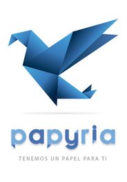 Logo de un pájaro azul en origami con el texto "papyria: Tenemos un papel para ti".