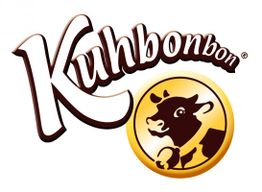 Logo mit Schriftzug "Kuhbonbon" und Illustration einer Kuh in einem goldenen Kreis.