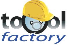 Logo der Tool Factory mit einem gelben Bauhelm auf dem Buchstaben "o".