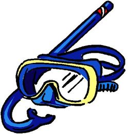 Taucherbrille und Schnorchel in Blau und Gelb gezeichnet, bereit zum Schnorcheln.