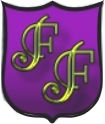 Lila Wappen mit goldenen Buchstaben "F" und verschlungenem Design.