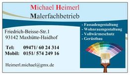 Visitenkarte von Malerbetrieb Michael Heimerl mit Kontaktinformationen und Leistungsangeboten.