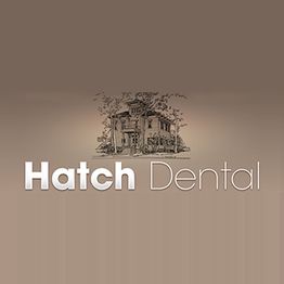 Hatch Dental logo with a sketch of a building on a brown background.