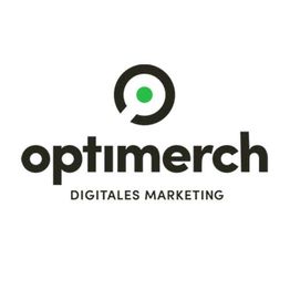 Logo mit Text "optimerch Digitales Marketing", schwarzer Kreis mit grünem Punkt.