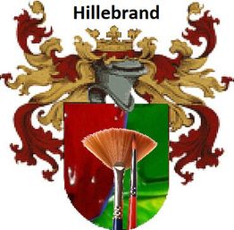 Wappen mit Helm, Krone, roten Ornamenten, Name "Hillebrand" und drei Pinseln im unteren Teil.