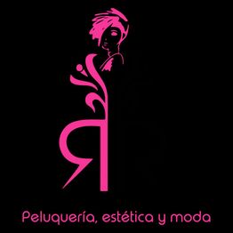 Logotipo rosa de peluquería con figura estilizada de mujer, texto "Peluquería, estética y moda".