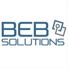 Logo von BEB Solutions mit abstrakten Symbolen in Blau und Grau auf weißem Hintergrund.
