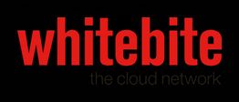 Texto "whitebite the cloud network" en rojo y negro sobre fondo negro.