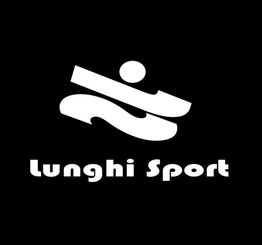 Logo "lunghi Sport" con figura stilizzata in bianco su sfondo nero.