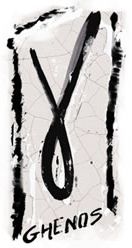 Logo astratto in bianco e nero con testo "GHENOS" in basso.