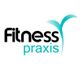 Logo mit den Worten "Fitness praxis" und einem blauen, stilisierten Blattmotiv rechts.