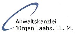 Logo der Anwaltskanzlei Jürgen Laabs, LL. M., mit blauem Bogen.