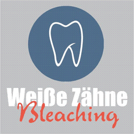 Ein weißer Zahn umrandet in einem blauen Kreis mit Text: "Weiße Zähne Bleaching" darunter.