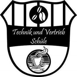 Wappen mit Kaffeebohne, Tasse und Text "Technik und Vertrieb Schule".