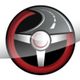 A logo with a road curving around a red and silver steering wheel design.