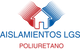 Logotipo de Aislamientos LGS con texto en rojo y azul y una casa en el centro.