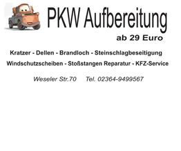 Image mit Text: PKW-Aufbereitung ab 29 Euro, mit Kontaktinfos und Serviceleistungen wie z.B. Kratzer.