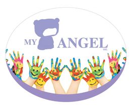 Mani dipinte alzate con sorrisi, logo "My Angel" con orsetto stilizzato sopra.