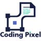 Logo of "Coding Pixel" with design tools and code snippet on paper.