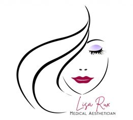 Minimalist face illustration with stylized hair and makeup, text: "Lisa Rux Medical Aesthetician."