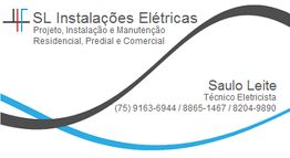 Cartão de visita de SL Instalações Elétricas com contatos de Saulo Leite, técnico eletricista.