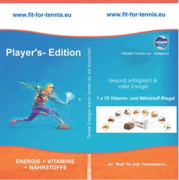 Verpackung von "Player's Edition" mit Vitaminen und Nährstoffen für Tennisspieler, blaues Design.