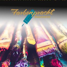 Pinsel mit bunten Farben, darüber der Schriftzug „Farbenpracht Malerbetrieb“.