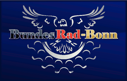 Schwarzer Adler auf blauem Hintergrund mit dem Text "Bundes Rad-Bonn" in der Mitte.