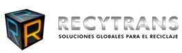 Logo de Recytrans con lema "Soluciones globales para el reciclaje" y cubo con letras "R".