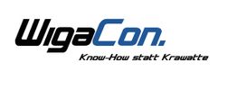 Logo mit Text: "WigaCon. Know-How statt Krawatte" in schwarzer und blauer Schrift.