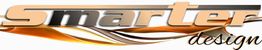 Logo com texto "Smarter Design" em laranja, preto e branco, com detalhes fluidos ao fundo.